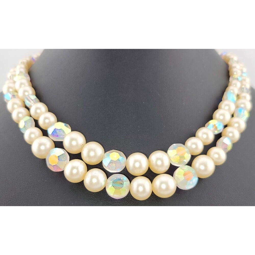 Vintage Marvella Signed 2 Strand Lucite Pearl AB Crystal Waterfall Necklace 16"